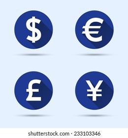 Currency Icons. Dollar, Euro, Pound Sterling, Yen (or Yuan). Vector Illustration