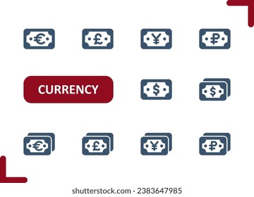 Currency Icons. Dollar, Euro, Pound, Yen, Yuan, Ruble, Cash, Money, Bill Icon. Professional, pixel perfect vector icon set.