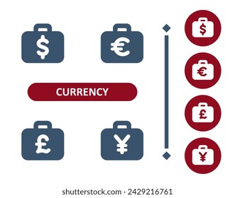 Currency icons. Dollar, euro, pound, pound sterling, yen, yuan, briefcase, suitcase icon. Professional, 32x32 pixel perfect vector icon.