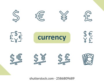 Currency icons. Dollar, euro, yen, yuan, pound, conversion, exchange rate, symbol, money vector icon set