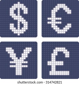 Currency icons, dollar euro yen pound sign, glowing pixel bitmap neon grid concept, isolated vector illustration