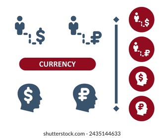 Currency icons. Dollar, ruble, rouble, man, businessman, investing, wealth, job, career, head, thinking icon. Professional, 32x32 pixel perfect vector icon.
