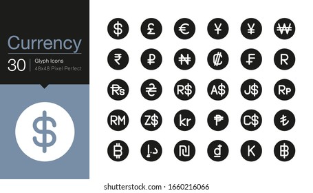 Currency icons. Gylph icon design. For presentation, graphic design, mobile application, web design, infographics, UI. Vector illustration.