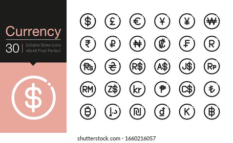 Currency icons. Modern line design. For presentation, graphic design, mobile application, web design, infographics, UI. Editable Stroke. Vector illustration.