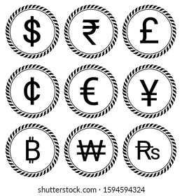 Currency icons. Most used currency symbols.