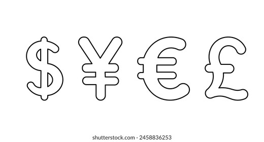 Currency icons on a white background. Collection of currency symbols - dollar, euro, pound, . Cash icon. Currency exchange symbol. Finance symbol. currency symbol. Bank payment symbol.