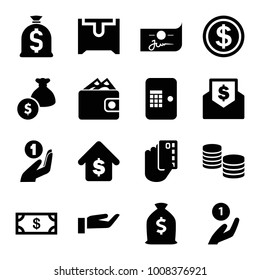 Currency icons. set of 16 editable filled currency icons such as money, money, coin on hand, credit card in hand, buying a house, dollar coin, wallet
