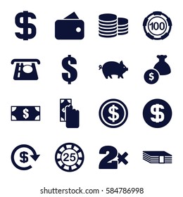 currency icons set. Set of 16 currency filled icons such as pig, Coin, 25 casino chip, 100 casino chip, ATM money withdraw, Casino bet, dollar, dollar coin, money bag, money