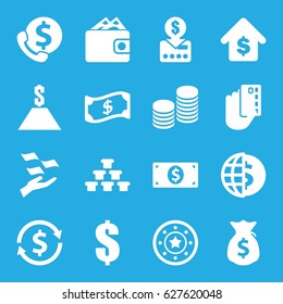 Currency icons set. set of 16 currency filled icons such as Casino chip, money on hand, dollar, buying a house, coin, money dollar, wallet, crown, credit card in hand