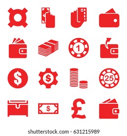 Currency icons set. set of 16 currency filled icons such as money, 1 casino chip, 25 casino chip, wallet, chest, money, dollar gear, wallet, cash payment, credit card in hand