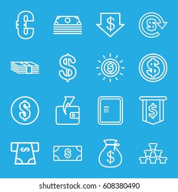 Currency icons set. set of 16 currency outline icons such as atm, Coin, Money, Money sack, dollar down, Wallet, dollar, euro