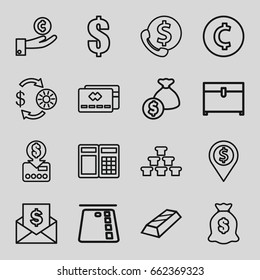 Currency icons set. set of 16 currency outline icons such as casino chip and money, chest, money sack, dollar, envelope with dollar bill, coin, hand on coin, atm, bank support