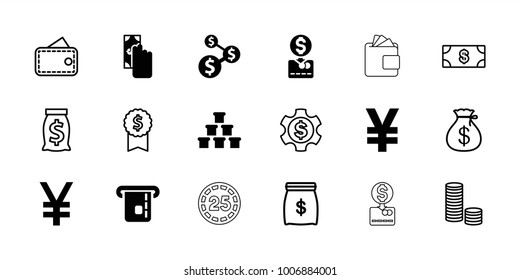 Currency icons. set of 18 editable filled and outline currency icons: cash payment, dollar sign, yuan, money, money sack, wallet, dollar award, coin, dollar gear