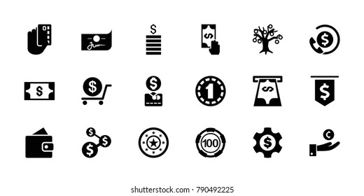Currency icons. set of 18 editable filled currency icons: wallet, 100 casino chip, dollar, hand on coin, money tree, credit card in hand, dollar sign, dollar gear, money, coin