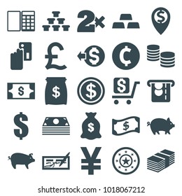 Currency icons. set of 25 editable filled currency icons such as pig, casino bet, dollar, money sack, money, creadit card payment, check, yuan, gold, dollar coin, crown