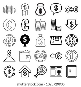 Currency icons. set of 25 editable outline currency icons such as money tree, atm, money, dollar down, euro, coin, dollar sign in cloud, atm, buying a house, wallet, coin
