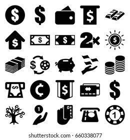 Currency icons set. set of 25 currency filled icons such as casino chip and money, money, 1 casino chip, casino bet, dollar, buying a house, coin, dollar in sun, credit card