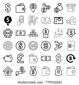 Currency icons. set of 36 editable outline currency icons such as dollar, money tree, money, 100 casino chip, dollar down, wallet, hand on coin, pound, gold, buying a house