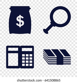 Currency icons set. set of 4 currency filled icons such as money sack, money, atm