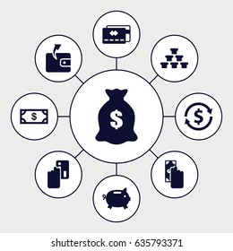 Currency icons set. set of 9 currency filled icons such as money, wallet, money sack, credit card, cash payment, creadit card payment