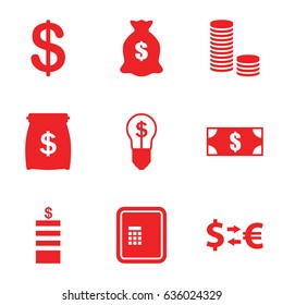 Currency icons set. set of 9 currency filled icons such as atm, coin, money sack, bulb with dollar, money, money exchange