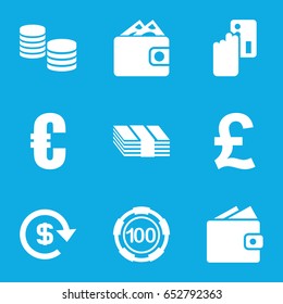 Currency icons set. set of 9 currency filled icons such as 100 casino chip, dollar, wallet, money, euro, creadit card payment