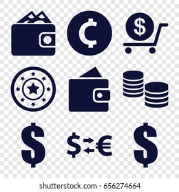 Currency icons set. set of 9 currency filled icons such as wallet, casino chip, dollar, money, money exchange