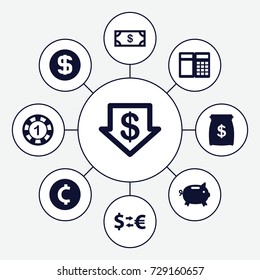 Currency icons set. set of 9 currency filled icons such as money, 1 casino chip, dollar down, dollar coin, money sack, coin