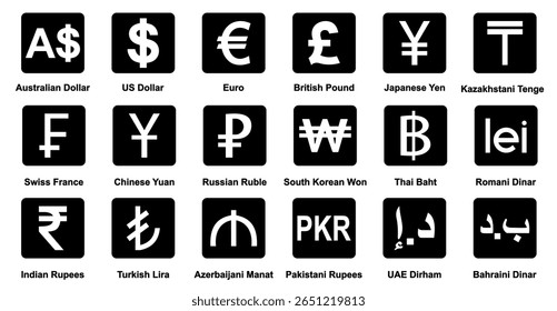 currency icons set. Australian dollar, us dollar, euro, pound, yuan, Yun, pkr, uae dirham, romania dinar, dinar, symbol sign. collection of currency. vector illustration.