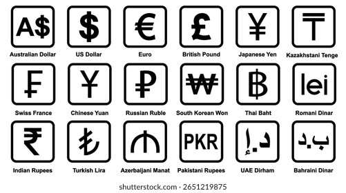 currency icons set. Australian dollar, us dollar, euro, pound, yuan, Yun, pkr, uae dirham, romania dinar, dinar, symbol sign. collection of currency. vector illustration. Gold Platted. 