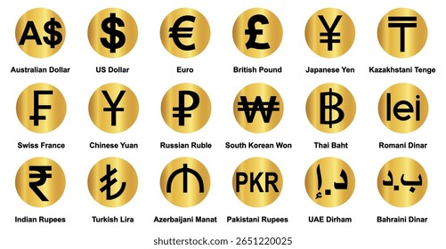 currency icons set. Australian dollar, us dollar, euro, pound, yuan, Yun, pkr, uae dirham, romania dinar, dinar, symbol sign. collection of currency. vector illustration. Gold Platted. 