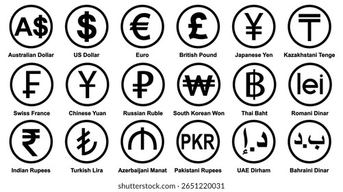 currency icons set. Australian dollar, us dollar, euro, pound, yuan, Yun, pkr, uae dirham, romania dinar, dinar, symbol sign. collection of currency. vector illustration. Gold Platted. 