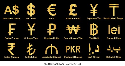 currency icons set. Australian dollar, us dollar, euro, pound, yuan, Yun, pkr, uae dirham, romania dinar, dinar, symbol sign. collection of currency. vector illustration. Gold Platted. 