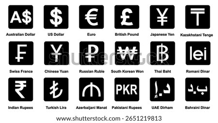 currency icons set. Australian dollar, us dollar, euro, pound, yuan, Yun, pkr, uae dirham, romania dinar, dinar, symbol sign. collection of currency. vector illustration.