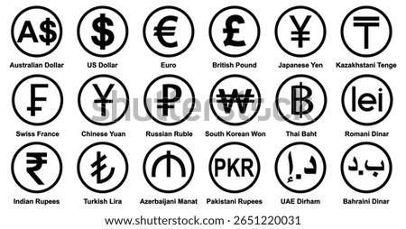 currency icons set. Australian dollar, us dollar, euro, pound, yuan, Yun, pkr, uae dirham, romania dinar, dinar, symbol sign. collection of currency. vector illustration. Gold Platted. 