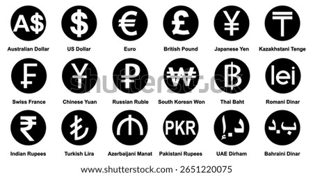 currency icons set. Australian dollar, us dollar, euro, pound, yuan, Yun, pkr, uae dirham, romania dinar, dinar, symbol sign. collection of currency. vector illustration. Gold Platted. 