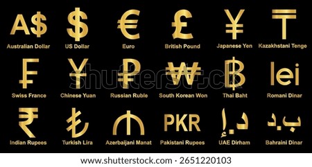 currency icons set. Australian dollar, us dollar, euro, pound, yuan, Yun, pkr, uae dirham, romania dinar, dinar, symbol sign. collection of currency. vector illustration. Gold Platted. 