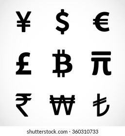 Currency icons set. Black over white background. vector