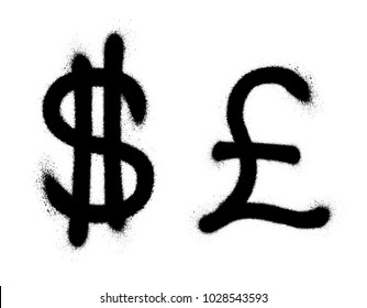 Currency icons set. Black spray graffiti symbol of currency over white background. Finance vector illustration.