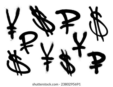 Currency icons set. Black spray graffiti symbols of currency with smudges over white background. Vector illustration.