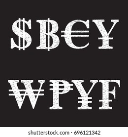 Currency icons set. Chalk text style. Vector flat design.