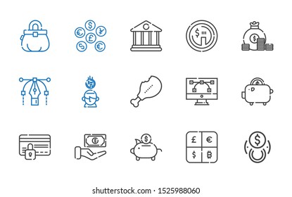 currency icons set. Collection of currency with exchange, piggy bank, cash, credit card, savings, vector, supermarket, saving, coin, dollar. Editable and scalable currency icons.