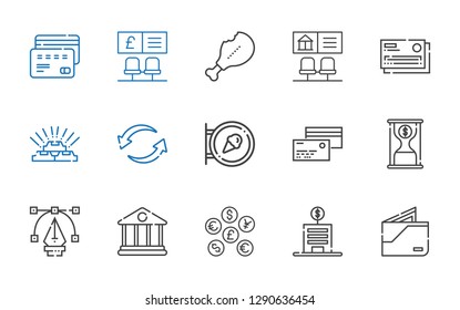currency icons set. Collection of currency with wallet, bank, coins, vector, time is money, credit card, sign, exchange, gold, supermarket. Editable and scalable currency icons.