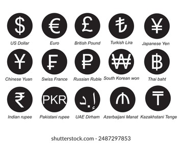 Currency icons set. Dollar, Euro, Pound, Yuan, Yun, Pkr, Ind, Uae,symbol sign. Collection of currency. Vector illustration.