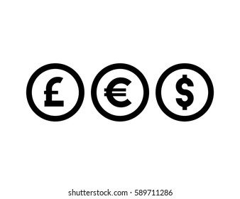 Currency icons set, dollar, euro, pound. Vector illustration on white background.