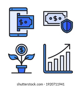 Juego de iconos de moneda (línea rellenada) = smartphone, escudo en dólares, ganancia, crecimiento. Perfecto para aplicaciones móviles de sitios web, iconos de aplicaciones, presentación, ilustración y cualquier otro proyecto.