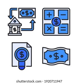 Juego de iconos de moneda (línea rellenada) = banco, presupuesto, dinero de búsqueda, dinero. Perfecto para aplicaciones móviles de sitios web, iconos de aplicaciones, presentación, ilustración y cualquier otro proyecto.
