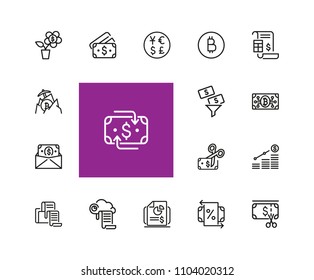 Currency icons. Set of  line icons. Dollar, bitcoin, credit card. Currency exchange concept. Vector illustration can be used for topics like economics, finance, money.