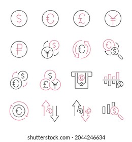 Currency icons set. Currency pack symbol vector elements for infographic web