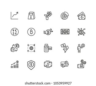 Currency icons. Set of twenty line icons. Credit card, bitcoin, shopping. Finance concept. Vector illustration can be used for topics like business, banking, economics